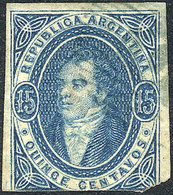 ARGENTINA: GJ.18, 15c. Blue, Clear Impression, 1st Printing IMPERFORATE, With 3 Immense Margins, Blue OM Cancel, Very Fr - Used Stamps