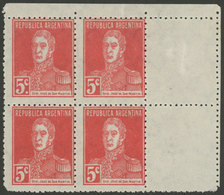 ARGENTINA: GJ.599CD + 599dCD, 1924 5c. San Martín W/o Period, Corner Block Of 4 With White Labels At Right. The Top Pair - Other & Unclassified