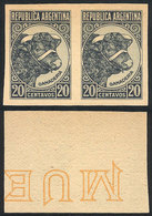 ARGENTINA: GJ.874, 1942 20c. Bull, PROOF In The Adopted Color, Imperforate Pair Printed On Yellowish Paper For Specimens - Autres & Non Classés