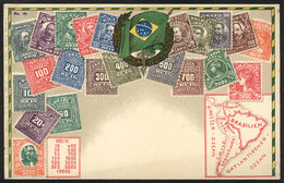 BRAZIL: Old PC Illustrated With Postage Stamps And Map Of The Country, Circa 1910, VF Quality! - Other & Unclassified