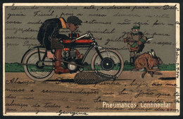 BRAZIL: Advertising Postcard Of "CONTINENTAL" Tires, Man Riding Motorcycle Hunting A Hare, VF Quality" - Other & Unclassified