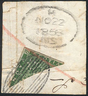 CANADA - NOVA SCOTIA: Sc.5a (Yvert 3b), 1857 6p. Green, Diagonal BISECT On Fragment With Mute Cancel And Datestamp For 2 - Used Stamps