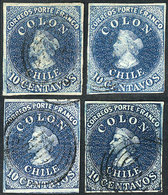 CHILE: Yvert 6, 1856/66 10c., 4 Examples, Different Shades, All Of 4 Margins, VF Quality! - Chile