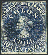 CHILE: Yvert 6d, 10c. Very Dark Blue, THICK PAPER, 4 Margins (one Just), Inverted Watermark, VF! - Chile