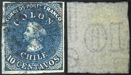 CHILE: Yvert 9, Watermark With Vertical Lines And Letters At Right, Position 60, 4 Margins, VF Quality! - Chile