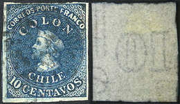 CHILE: Yvert 9, Watermark With Vertical Lines And Letters At Right, Position 60, 4 Margins, VF Quality! - Chili