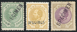 CURACAO: Yvert 1 + 5 + 12, 1873/89 William III 2½c., 12½c. And 2G., All With SPECIMEN Ovpt, Rare Lot. The 2½c. With A Sm - Curacao, Netherlands Antilles, Aruba