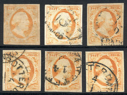 NETHERLANDS: Yv.3, 1852 William III 15c. Orange, 6 Examples, One Is Mint. All With 4 Complete Margins, Fine Quality, Ex- - Gebraucht