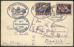 SWEDEN: Beautiful PC With Good Commemorative Postage Sent To Brazil On 12/JUL/1936, Nice Special Postmarks, VF Quality! - Andere & Zonder Classificatie