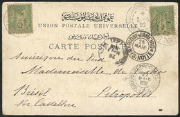 TURKEY - FRENCH OFFICES: Postcard Franked With French Stamps Of 5c. X2, Sent From Constantinople To BRAZIL On 2/MAY/1902 - Tunisia