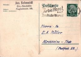 ! 1934, Postkarte Deutsches Reich, Arbeitsnot Maschinenstempel Berlin , Abs. Neukölln - Cartas