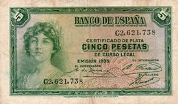 SPAIN 5 PESETAS 1935  P-85a.2  CIRC - 5 Pesetas