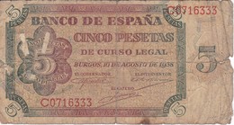 BILLETE DE ESPAÑA DE 5 PTAS DE BURGOS DEL AÑO 1938 SERIE C  (BANKNOTE) - 5 Peseten