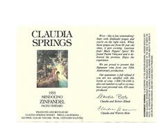 Etiquette De Vin - Claudia Springs - Mendocino Zinfandel - 1993 - Other & Unclassified