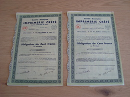 LOT DE 2 ACTIONS DE 100 FRANCS IMPRIMERIE CRETE 1936 - Autres & Non Classés