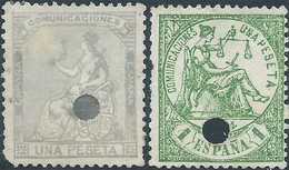 Spagna-Spain,Spanish 1873 Comunicationes,1Pta Violet & 1874 Justice,1Pta Green Used,Value:€70,00 - Oblitérés