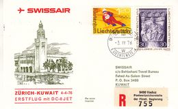 Liechtenstein - Lettre Recom De 1976 - Oblit Vaduz - 1er Vol Zürich Kuwait - Ski - Jeux Olympiques - Storia Postale