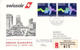 Liechtenstein - Lettre Recom De 1980 - Oblit Vaduz - 1er Vol Zürich Djakarta - Idées Européennes - - Cartas & Documentos