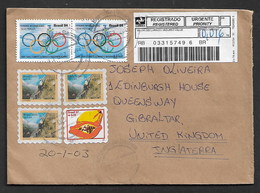 BRAZIL 2003 REGISTERED COVER TO GIBRALTAR WITH DIVERSE TOPIC STAMPS - Lettres & Documents