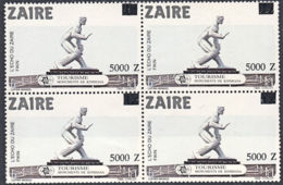 A1567 ZAIRE 1991, SG 1390 5000Z Provisional Overprint On Monuments Issue,  MNH Block Of 4 - Neufs