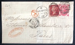 LETTRE Grande Bretagne 1869 N°26 (planche 76) & 33 (planche 5) De Liverpool Pour Paris + PD TTB - Storia Postale