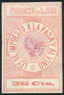 ARGENTINA: PROVINCE OF SAN JUAN: RAISINS AND WINE Tax, Circa 1890, 36c., Fantastic Stamp Of Large Size (approx. 100 X 15 - Sonstige & Ohne Zuordnung