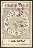 ARGENTINA: PROVINCE OF SAN JUAN: RAISINS AND WINE Tax, Circa 1890, 2P., Fantastic Stamp Of Large Size (approx. 100 X 150 - Other & Unclassified