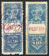 CANADA: GAS Inspection, Year 1875, Used Stamps Of $1.50 And $10, Very Fine Quality, Rare! - Fiscaux