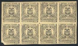 COLOMBIA: Timbre Nacional, 1891-1892 20c. First Class, Block Of 8 Mint With Gum, Printed On Paper Of Unsurfaced Front, B - Colombia
