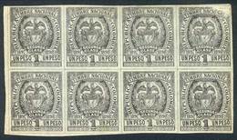 COLOMBIA: Timbre Nacional, 1895-1896 1P. Third Class, Block Oof 8 Mint With Gum, Printed On Paper Of Unsurfaced Front, B - Colombia