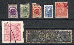 DOMINICAN REPUBLIC: 7 Very Old Revenue Stamps, Including 5P. Carmine Of 1882 And 1P. Violet Of 1883 (rare), Minor Defect - Dominican Republic