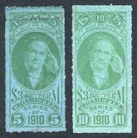 UNITED STATES: CIGARETTES: Year 1910, 2 Examples For 5 And 10 Printed In Green On Bluish Paper, Fine Quality! - Revenues