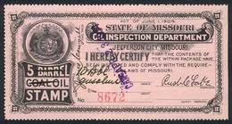 UNITED STATES: MISSOURI: Coal Oil Inspection Stamps, Year 1914, Stamp With "5 Barrel Coal Oil" Crossed Out And Manuscrip - Fiscaux