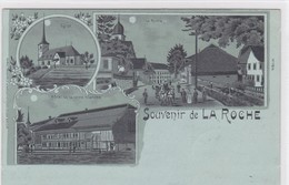 La Roche, Litho Clair De Lune : Hôtel De La Croix-Blanche église, Rue Animée, Attelage - La Roche