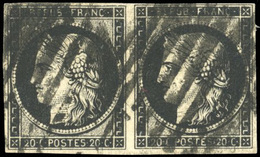 O 20c. Noir S/jaune. Paire Horizontale Obl. 2 Fois Avec Barres En Cercle De LILLE. SUP. - 1849-1850 Ceres
