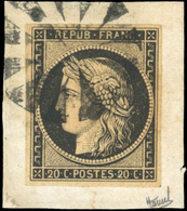O 20c. Noir Obl. Cercle De Coins Concentriques S/petit Fragment. Ex Collection ANTONINI. Seule Pièce Connue. SUP. - 1849-1850 Cérès