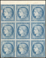 (*) Essai Du 1F. En Bleu. Bloc De 9 Avec Petit Haut De Feuille. SUP. R. - 1849-1850 Cérès