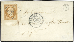 O 10c. Bistre-jaune Obl. PC 3544 S/lettre Locale Frappée Du CàD De VERVINS Du 10 Mai 1853 Et Du Cachet Rond De La Boite  - 1852 Louis-Napoléon