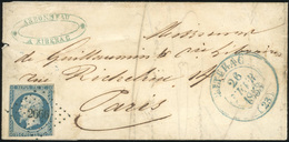 O 25c. Bleu (déf.) Obl. PC 2666 S/lettre Frappée Du Grand Cachet à Date Bleu De RIBERAC Du 26 Février 1853 à Destination - 1852 Louis-Napoleon