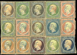 * Essai De Couleur Avec Découpures Par Coussinets D'impression. Bloc De 15 Avec Différentes Couleurs Et Valeurs. SUP. R. - 1853-1860 Napoléon III.