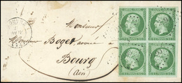 O 5c. Vert S/vert, Tirage De 1855, Bloc De 4, Obl. PC 2190 S/lettre Frappée Du CàD De MOUTHE Du 21 Novembre 1855 à Desti - 1853-1860 Napoléon III.