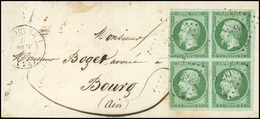 O 5c. Vert S/vert, Tirage De 1855, Bloc De 4, Obl. PC 2190 S/lettre Frappée Du CàD De MOUTHE Du 21 Novembre 1855 à Desti - 1853-1860 Napoleon III