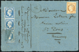 O Paire Verticale Du 20c. Bleu + 1 Moitié De 20c. Coupée En Diagonale Obl. PC 1397 S/papier D'affaire De GINESTAS Du 30  - 1853-1860 Napoléon III.
