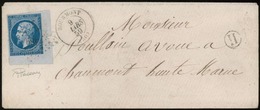 O 20c. Bleu ND, Coin De Feuille Obl. PC 489 S/lettre Frappée Du CàD De BOURMONT 9 Mars 1859 + Cachet De Facteur ''H'' à  - 1853-1860 Napoleon III