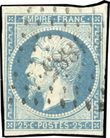 O 25c. Bleu. ''M'' Et ''I'' Plus Petit, Retouche Delacourcelle. 1 Marge Au Filet. Obl. B. - 1853-1860 Napoléon III