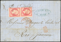 O 80c. Carmin, Paire Verticale (1 Timbre Touché) Obl. PC Rouge 1495 S/lettre Frappée Du CàD Rouge Du HAVRE Du 8 Janvier  - 1853-1860 Napoléon III