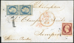 O 1F. Carmin (décollé Pour Expertise) + Paire Du 25c. Bleu Obl. étoile S/lettre Frappée Du CàD Rouge BUREAU CENTRAL - PA - 1853-1860 Napoléon III.