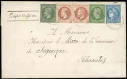 O + 46. 1c. Olive + 5c. Vert + 2c. Brun-rouge X 2 + 20c. Bleu Obl. S/Papier D'affaires à Destination De SEGONZAC - CHARE - 1862 Napoléon III.