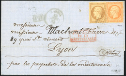 O 10c. + 40c. S/lettre De CONSTANTINOPLE Frappée Du CàD CARMEL 15 Juin 1864 à Destination De LYON. Au Verso, Cachet De C - 1862 Napoleon III