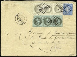 O Bande De 3 Du 1c. LAURE (1 Défectueux) + Bande De 3 Du 4c. LAURE + 25c. CERES 71 Obl. GC 2598 Sur Lettre Frappée Du Cà - 1863-1870 Napoleon III Gelauwerd